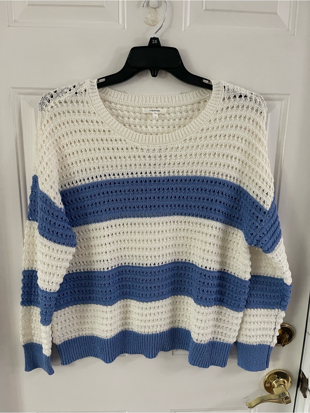 Maurices Cream and Blue Striped Open-Knit Crewneck Sweater